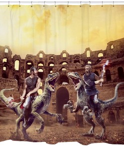 Funny Gladiator And Dinosaur Shower Curtain, Cool White Fabric Bathroom Decor