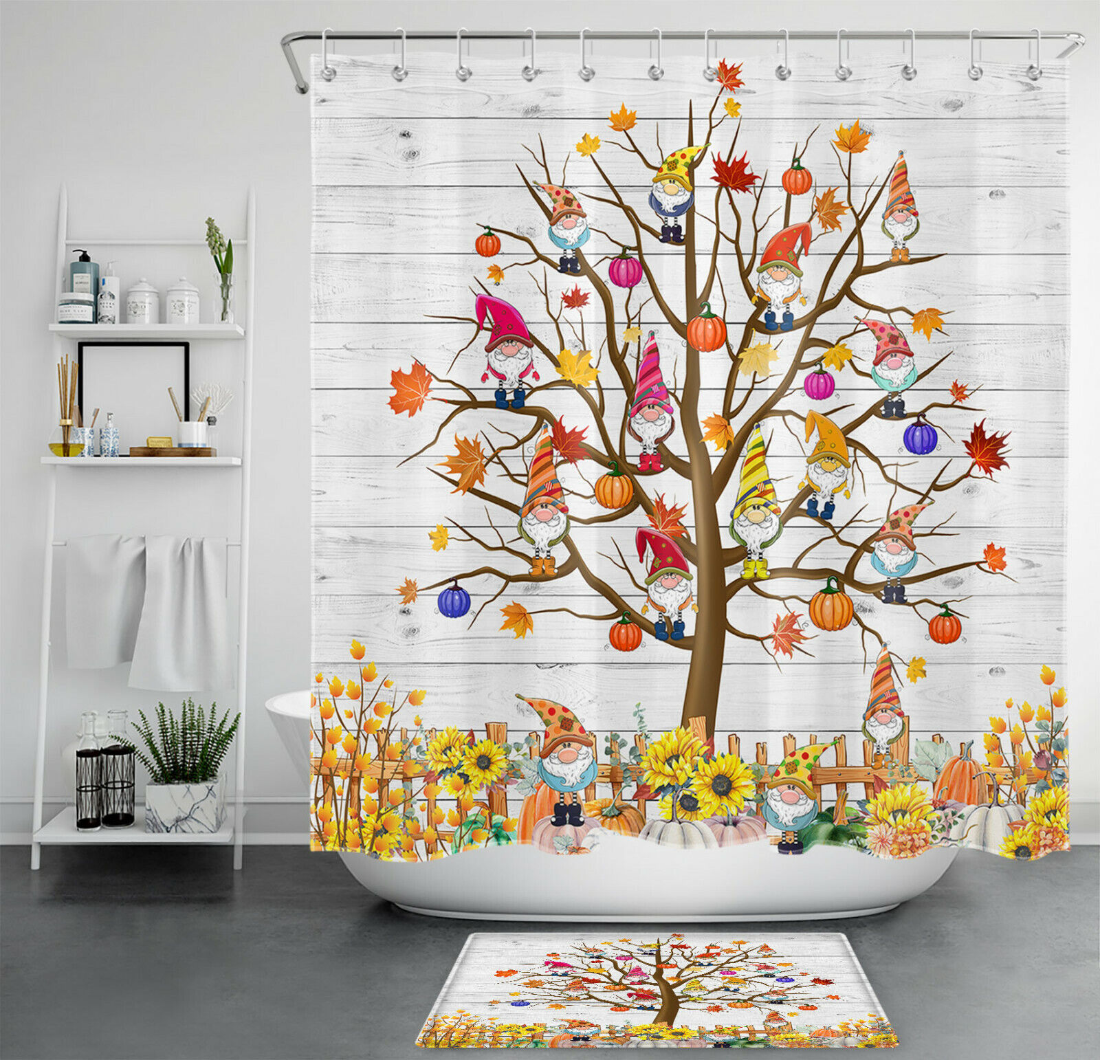 Funny Gnome Autumn Shower Curtain - Maple Leaf Garden Accessories