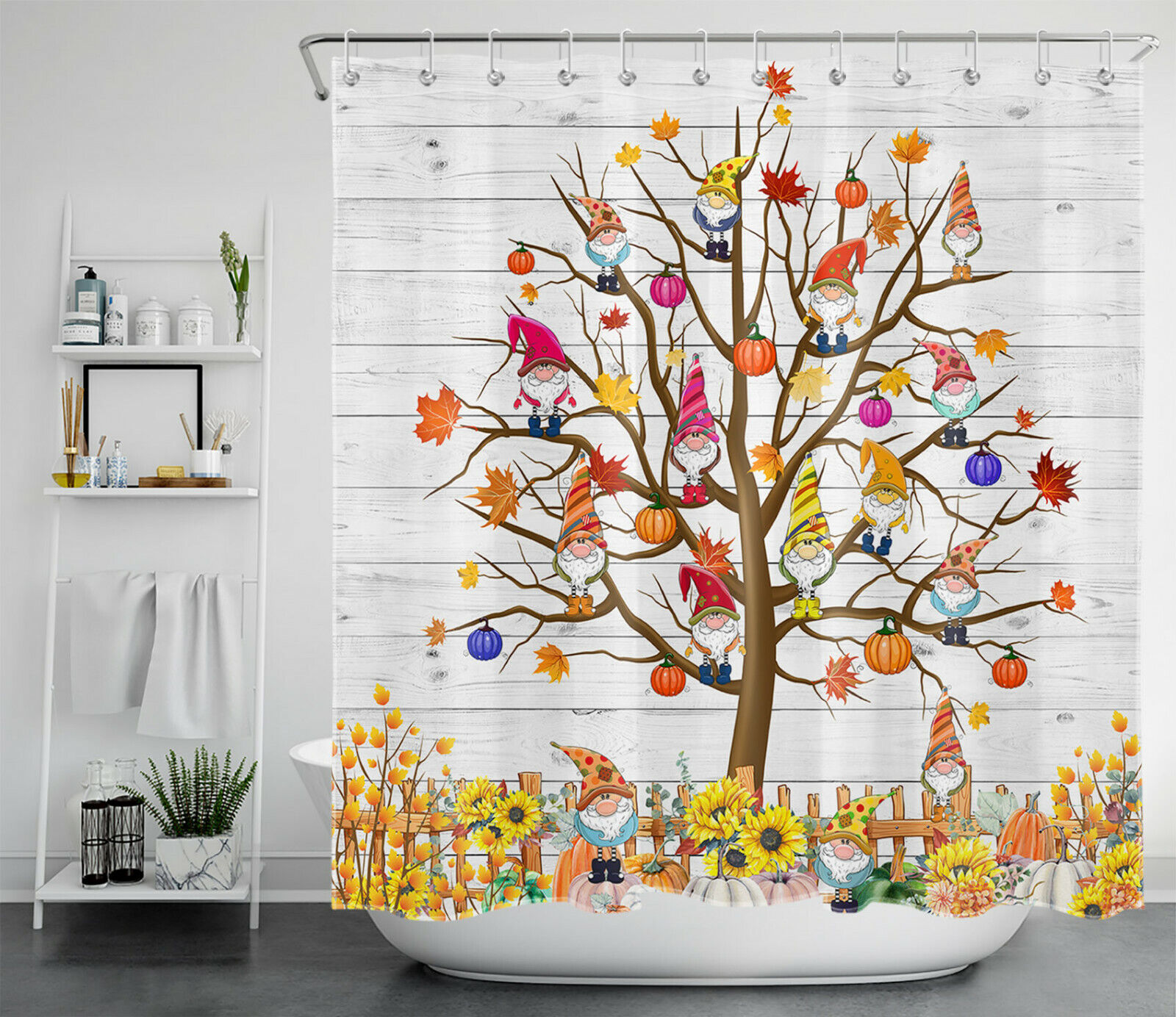 Funny Gnome Autumn Shower Curtain - Maple Leaf Garden Accessories - Image 2
