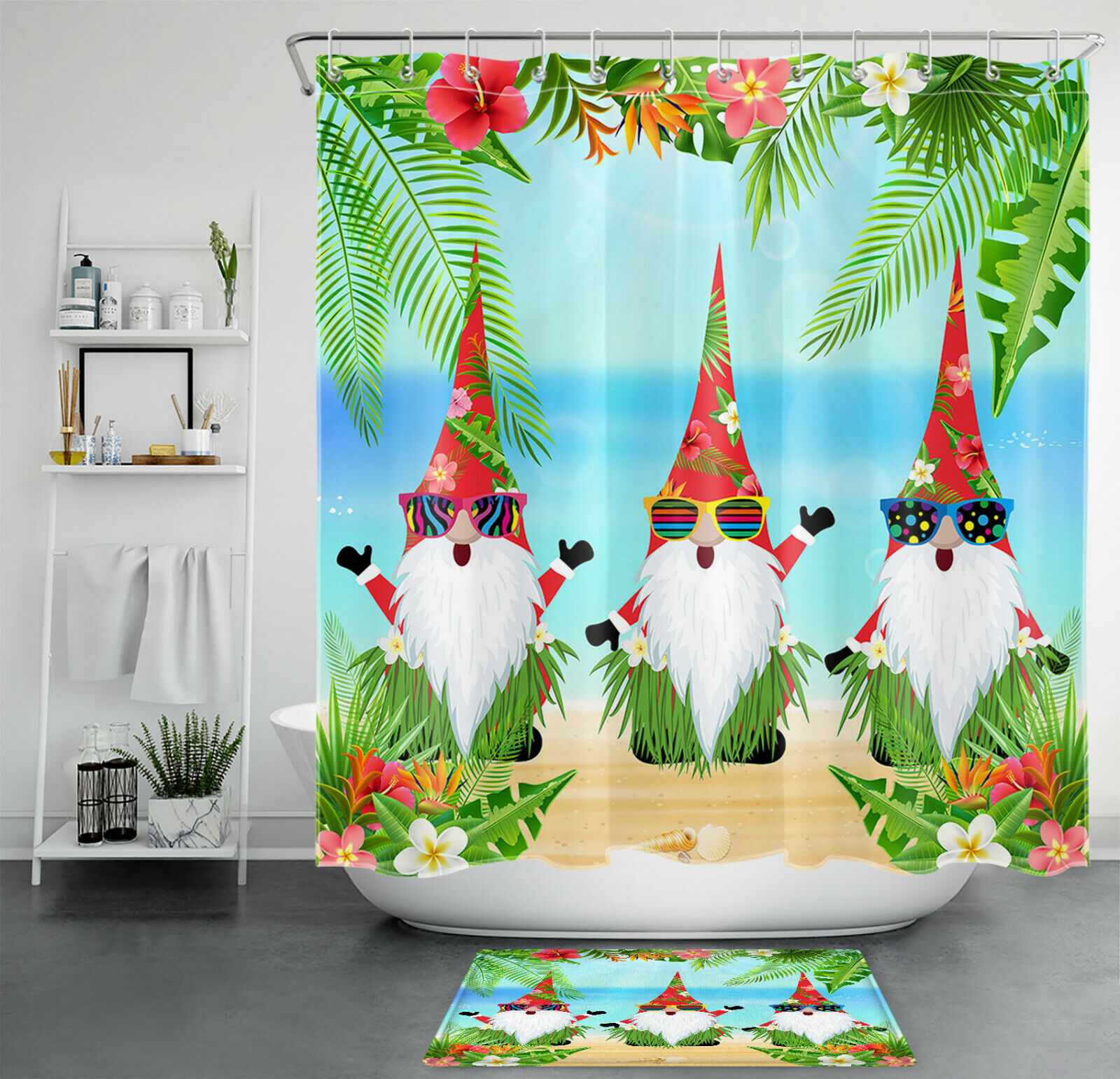 Funny Gnome Hawaii Tropical Beach Shower Curtain Bath Accessory