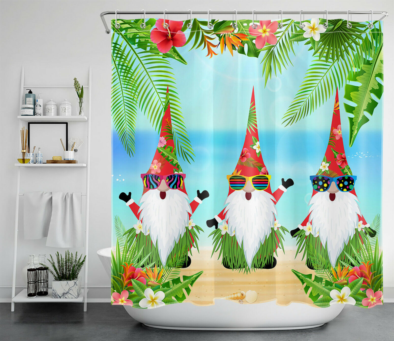 Funny Gnome Hawaii Tropical Beach Shower Curtain Bath Accessory