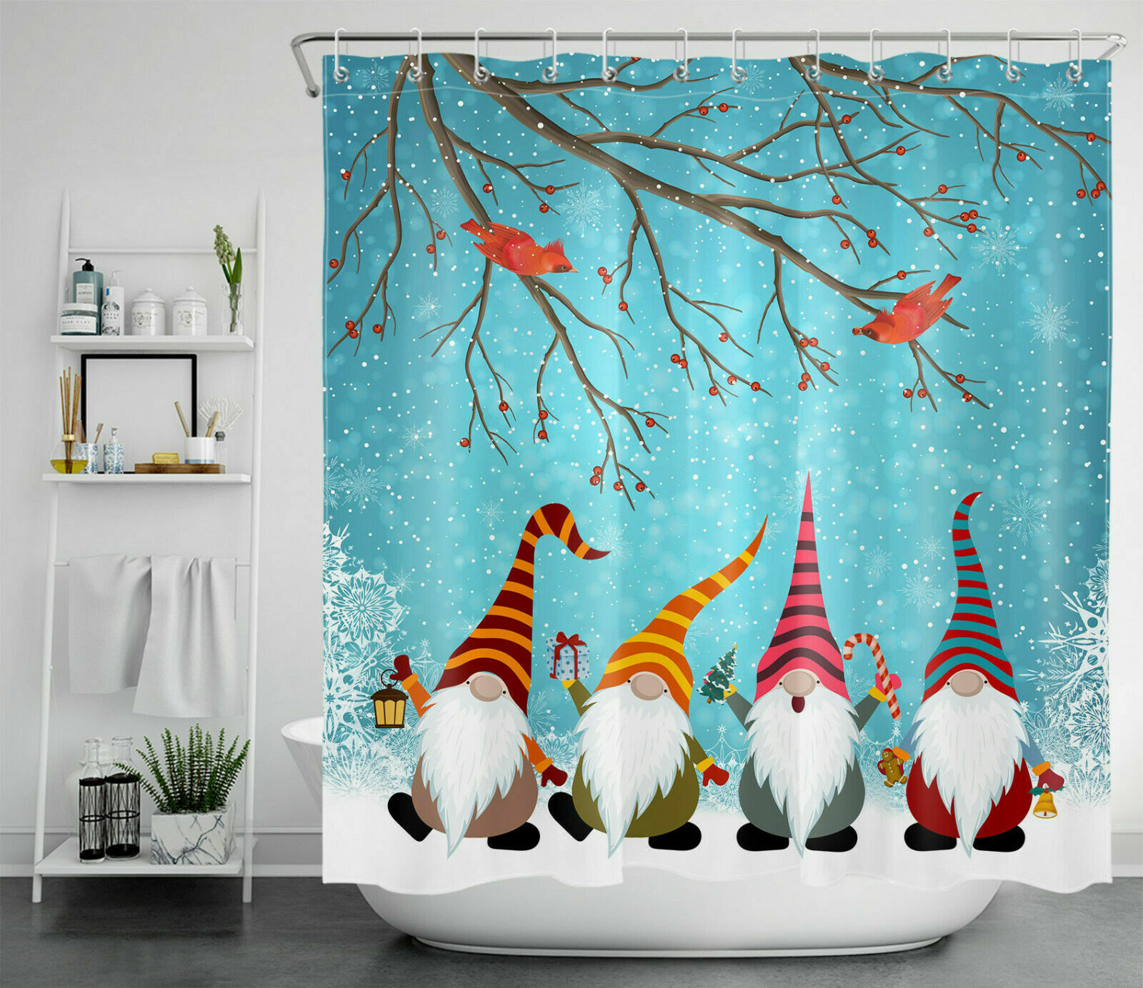 Funny Gnome Winter Snowflake Shower Curtain Set