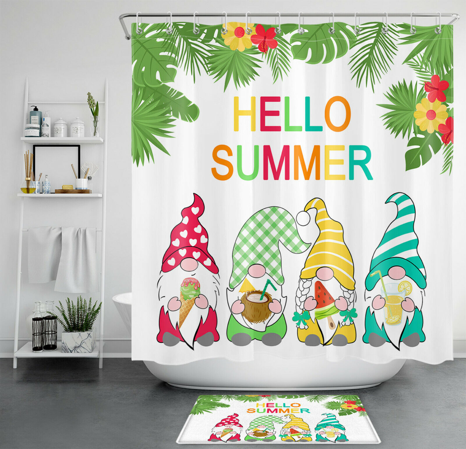 Funny Gnome and Tropical Leaves Shower Curtain for a Whimsical Bathroom Decor