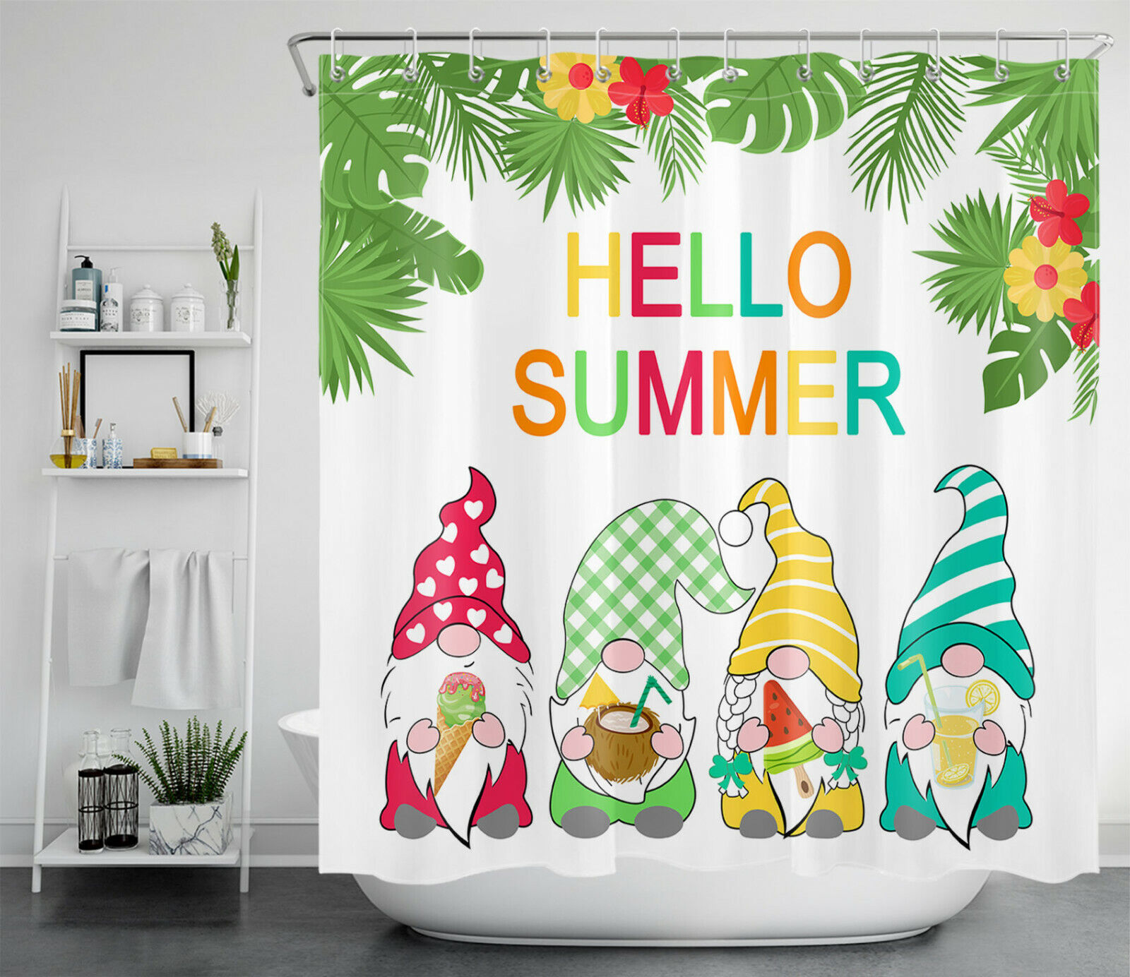Funny Gnome and Tropical Leaves Shower Curtain for a Whimsical Bathroom Decor