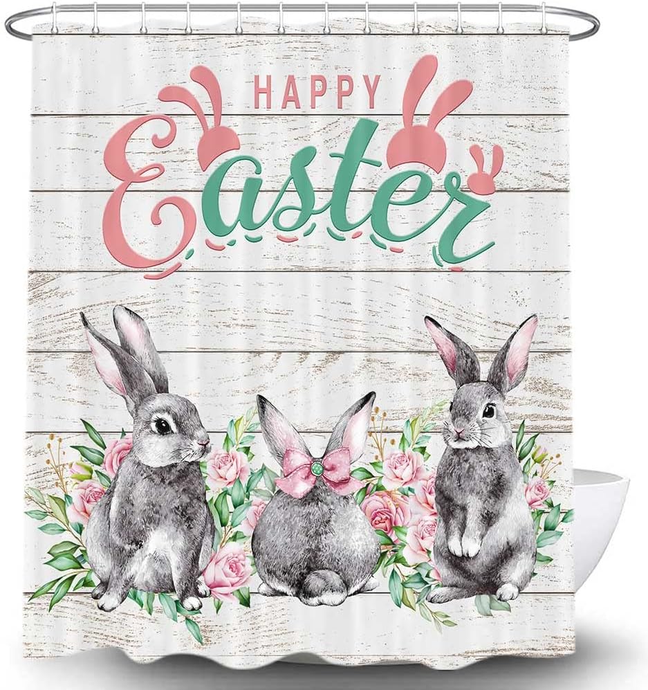 Funny Gray Bunny Shower Curtain, Rustic Farmhouse Easter Bathroom Decor