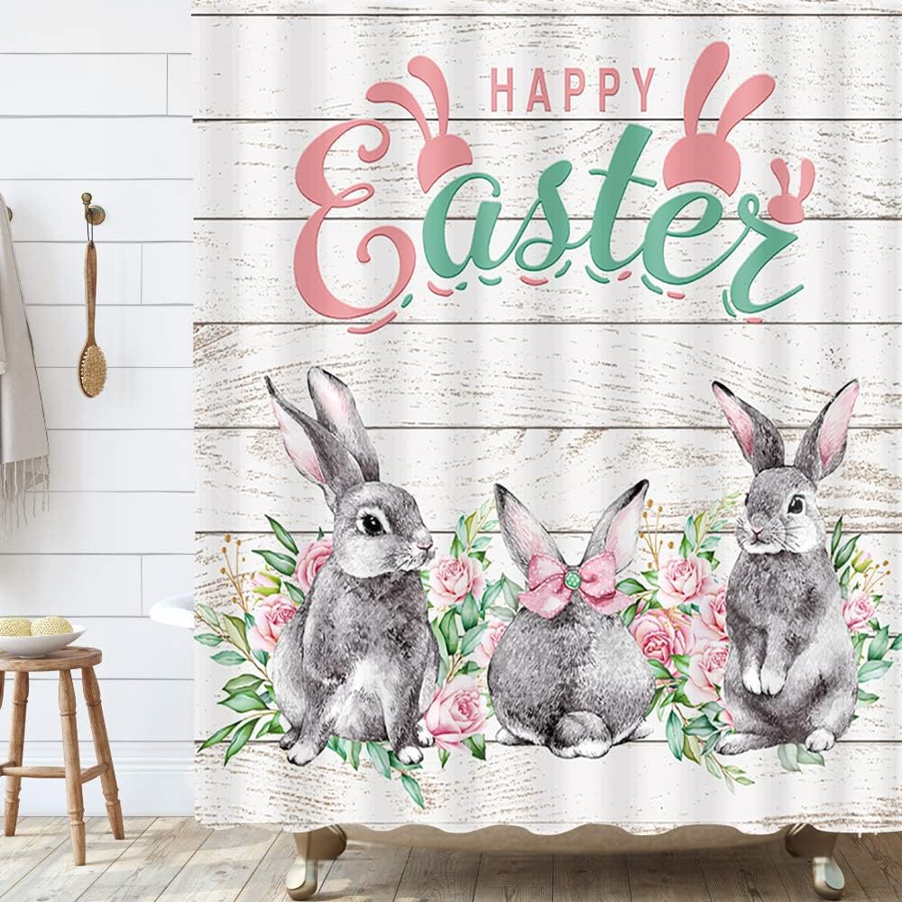Funny Gray Bunny Shower Curtain, Rustic Farmhouse Easter Bathroom Decor