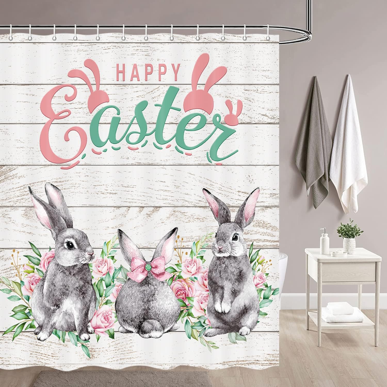 Funny Gray Bunny Shower Curtain, Rustic Farmhouse Easter Bathroom Decor