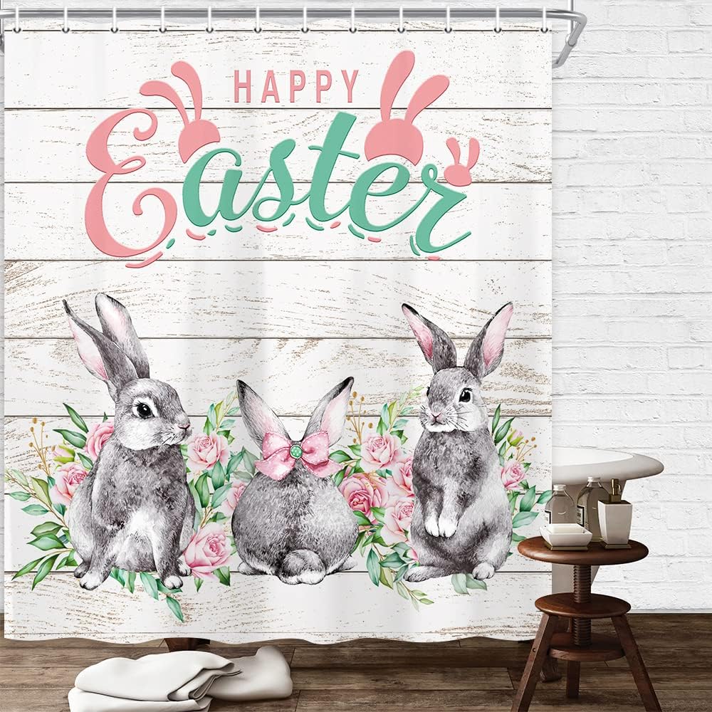 Funny Gray Bunny Shower Curtain, Rustic Farmhouse Easter Bathroom Decor