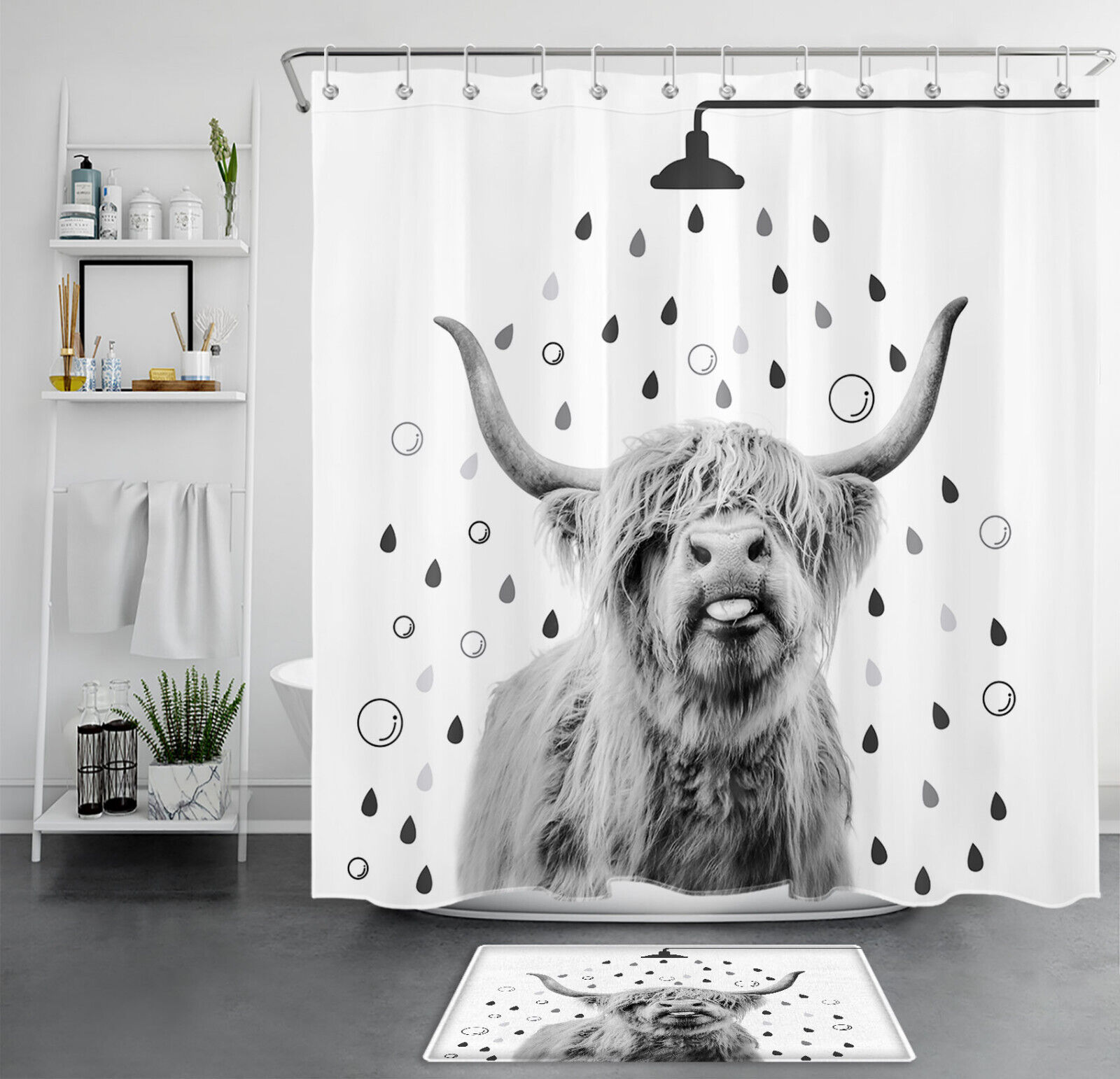 Funny Grey Highland Cow Shower Curtain For Your Country Style Bathroom Decor