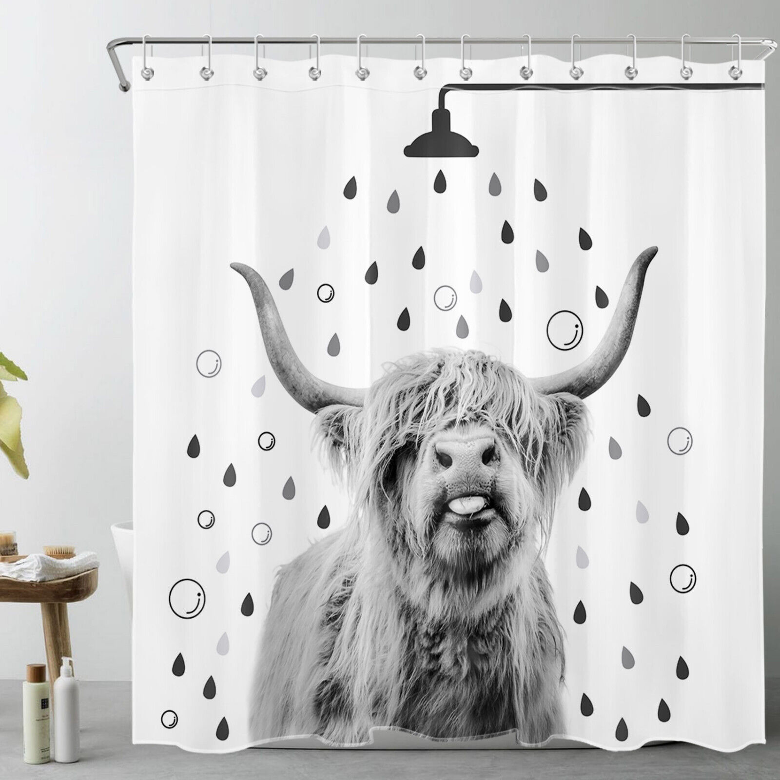Funny Grey Highland Cow Shower Curtain For Your Country Style Bathroom Decor - Image 2
