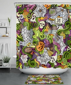 Funny Halloween Shower Curtain Of Pumpkin, Skull, Witch And Broom Hat