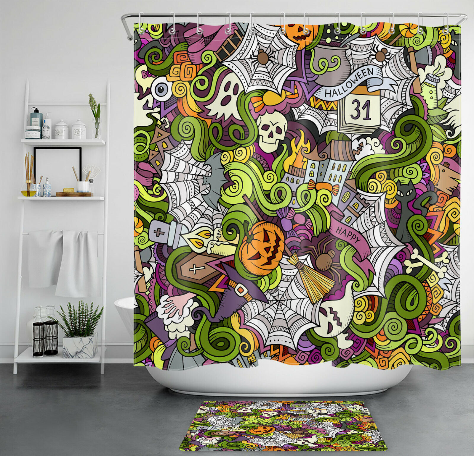 Funny Halloween Shower Curtain Of Pumpkin, Skull, Witch And Broom Hat