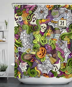 Funny Halloween Shower Curtain Of Pumpkin, Skull, Witch And Broom Hat