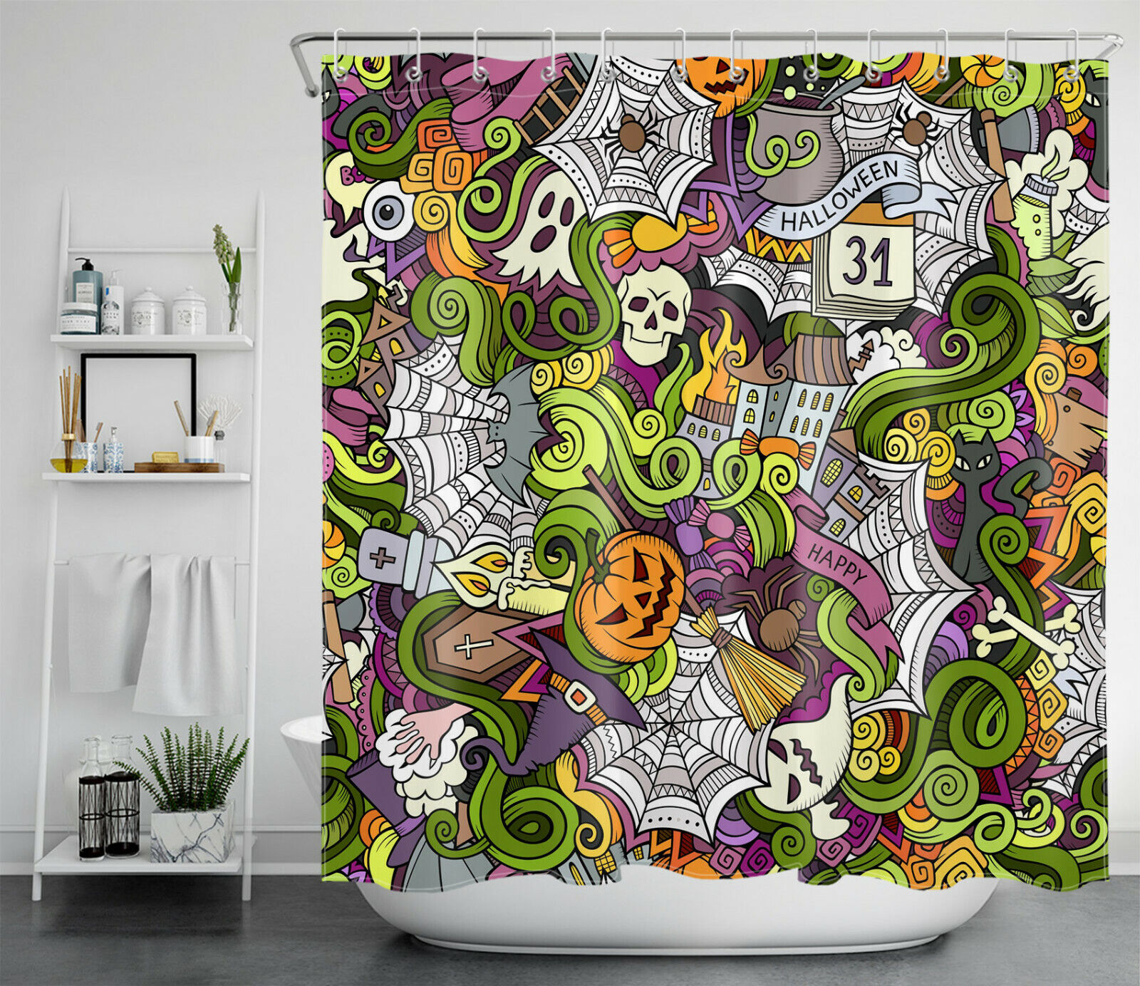 Funny Halloween Shower Curtain Of Pumpkin, Skull, Witch And Broom Hat