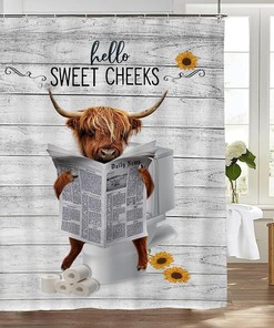 Funny Highland Cattle Shower Curtain with Farm Animal and Cute Cow Bathroom Decor