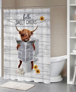 Funny Highland Cattle Shower Curtain with Farm Animal and Cute Cow Bathroom Decor