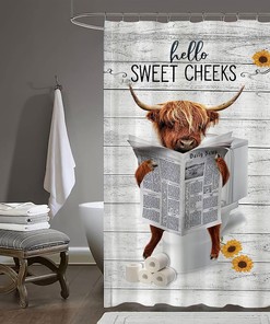 Funny Highland Cattle Shower Curtain with Farm Animal and Cute Cow Bathroom Decor