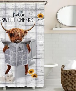 Funny Highland Cattle Shower Curtain with Farm Animal and Cute Cow Bathroom Decor