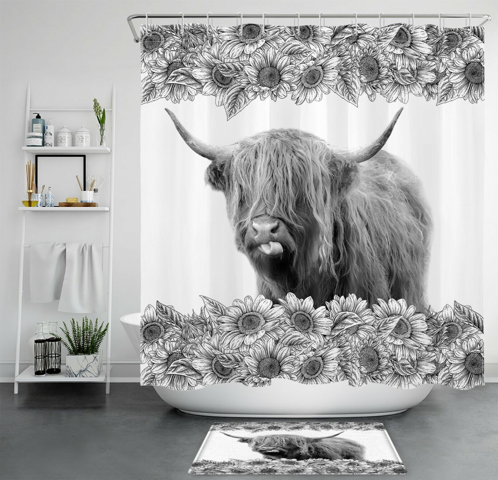 Funny Highland Cow And Sunflower Shower Curtain For Bathroom