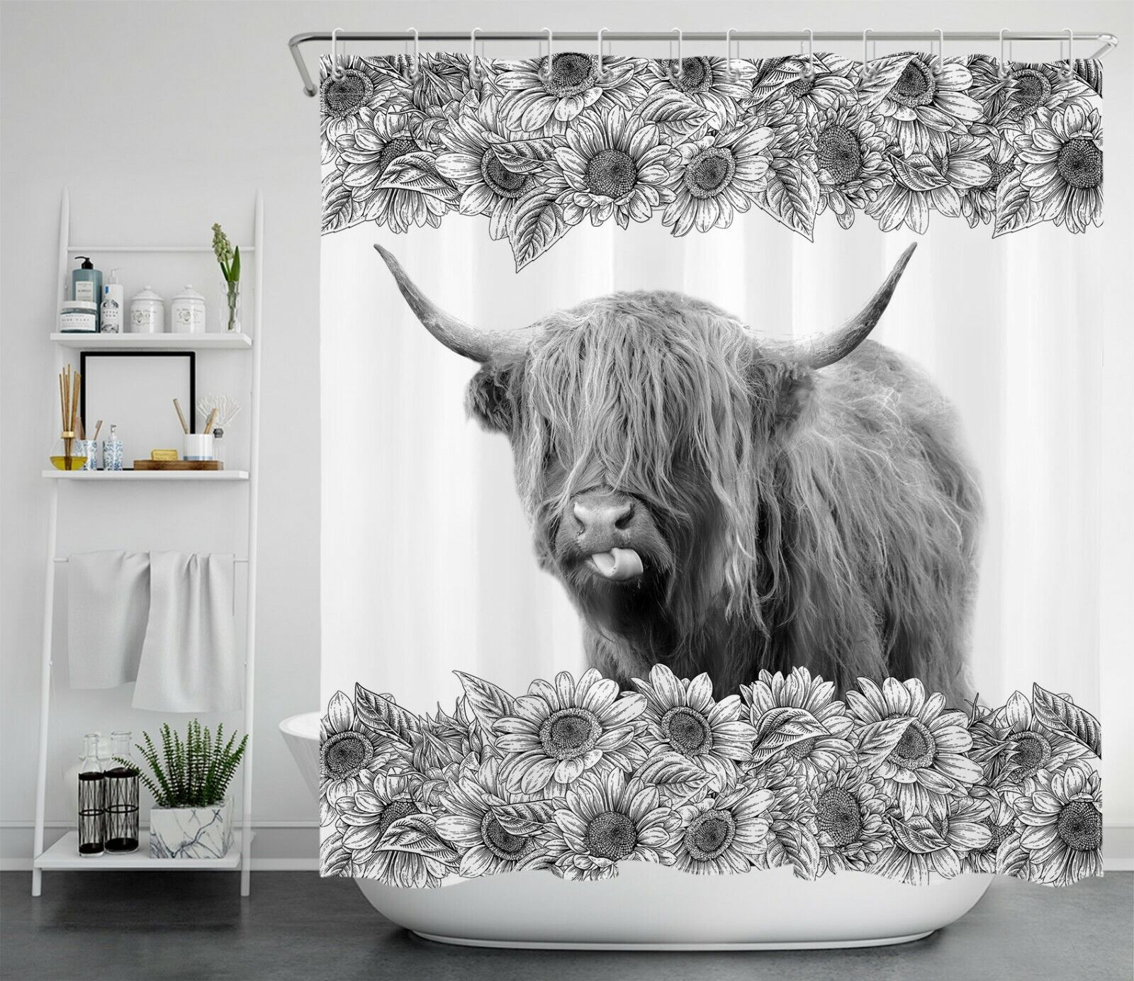 Funny Highland Cow And Sunflower Shower Curtain For Bathroom - Image 2