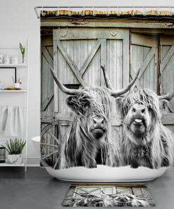 Funny Highland Cow Barn Door Shower Curtain For A Whimsical And Rustic Bathroom Decor 