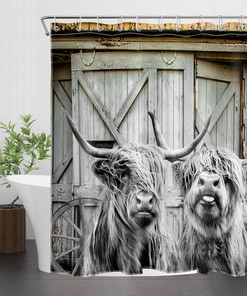 Funny Highland Cow Barn Door Shower Curtain For A Whimsical And Rustic Bathroom Decor