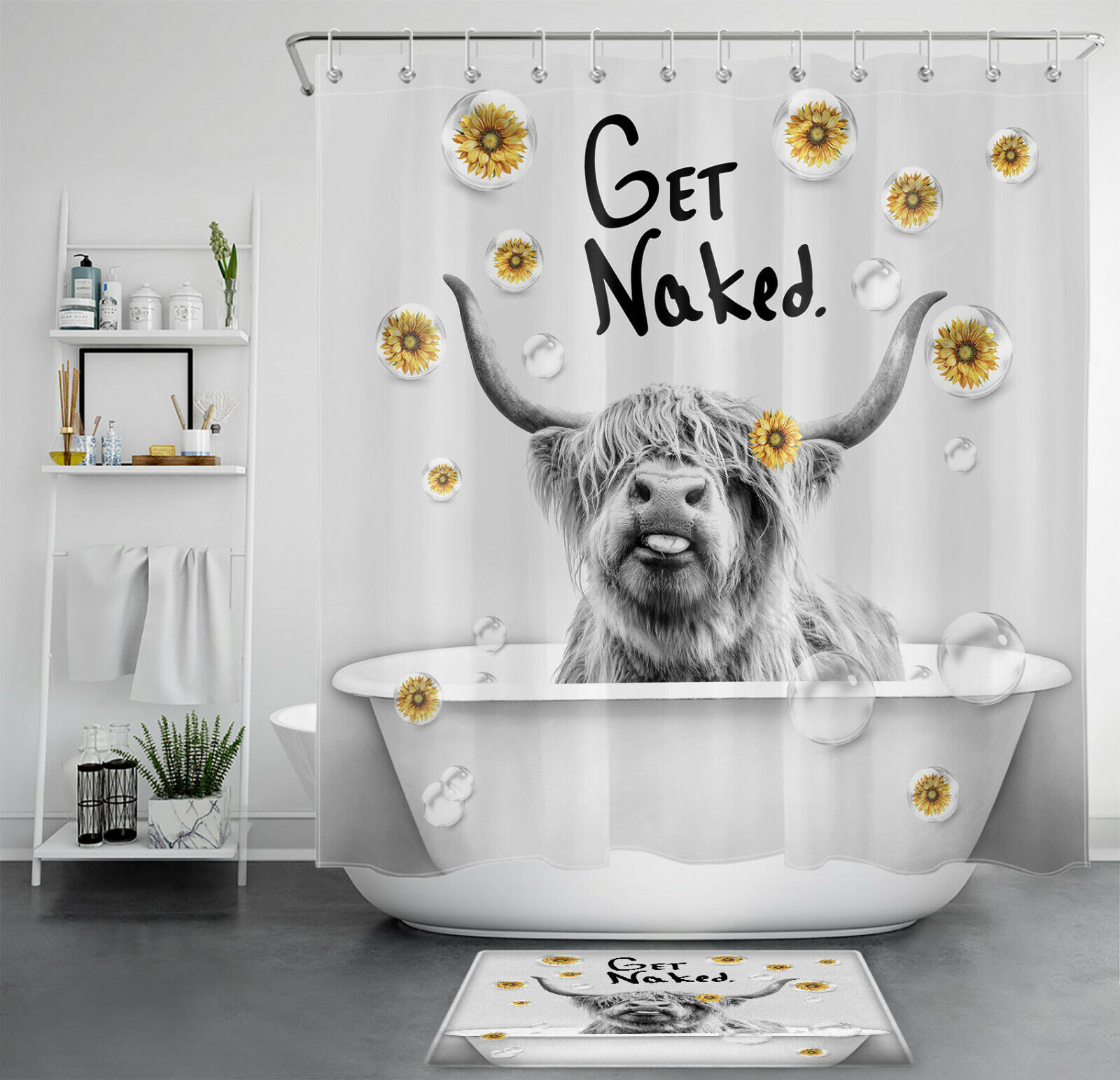 Funny Highland Cow Bathtub Shower Curtain With Sunflowers For Rustic Bathroom Decor