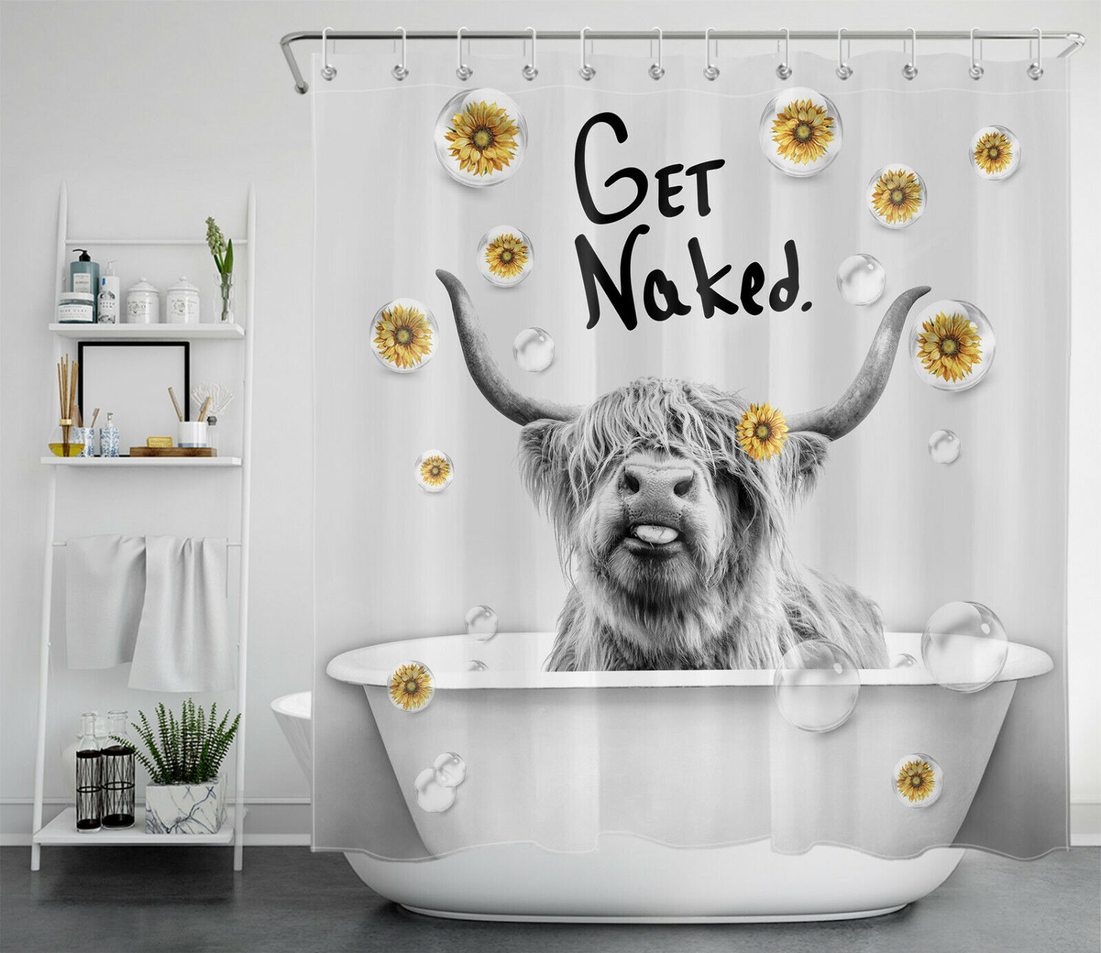 Funny Highland Cow Bathtub Shower Curtain With Sunflowers For Rustic Bathroom Decor