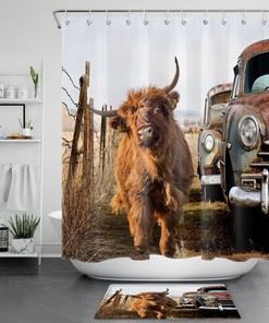 Funny Highland Cow Farmhouse Shower Curtain for Bathroom Decor with Old Truck Print - Unbranded