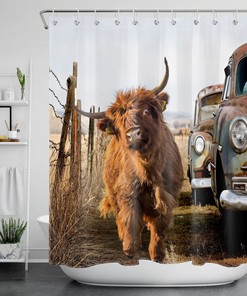 Funny Highland Cow Farmhouse Shower Curtain for Bathroom Decor with Old Truck Print - Unbranded