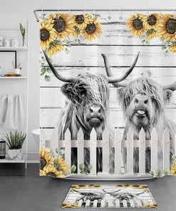 Funny Highland Cow Farmhouse Shower Curtain with A Sunflower Border to Add Character to Your Bathroom