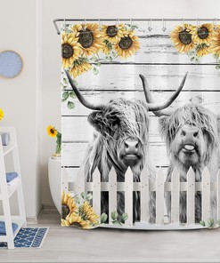 Funny Highland Cow Farmhouse Shower Curtain with A Sunflower Border to Add Character to Your Bathroom