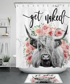 Funny Highland Cow Flower Marble Get Naked Farmhouse Shower Curtain For Bathroom