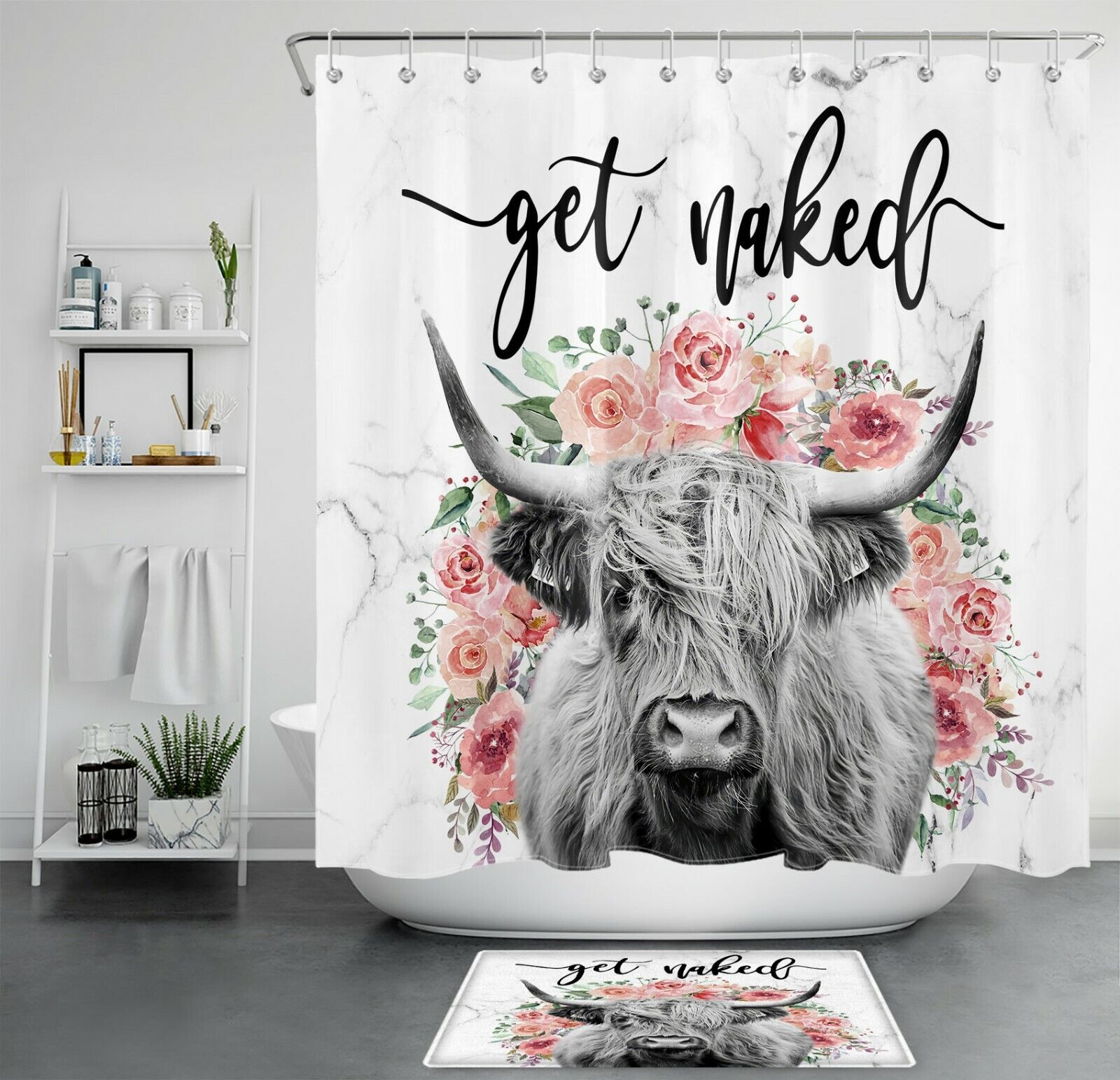 Funny Highland Cow Flower Marble Get Naked Farmhouse Shower Curtain For Bathroom