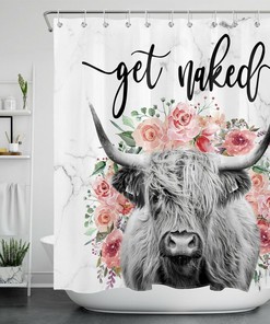 Funny Highland Cow Flower Marble Get Naked Farmhouse Shower Curtain For Bathroom