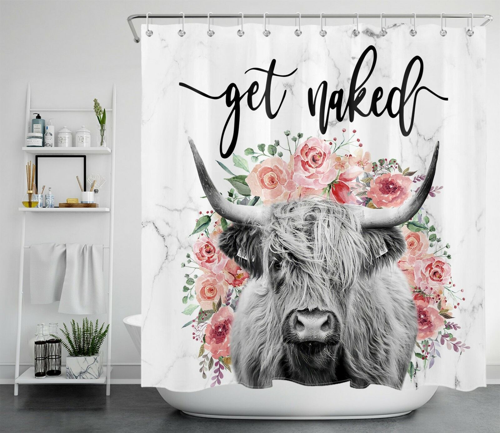 Funny Highland Cow Flower Marble Get Naked Farmhouse Shower Curtain For Bathroom