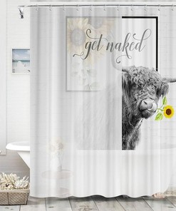Funny Highland Cow Get Naked Fabric Shower Curtain With Rustic Sunflower Farmhouse Animal