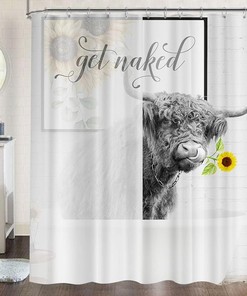 Funny Highland Cow Get Naked Fabric Shower Curtain With Rustic Sunflower Farmhouse Animal