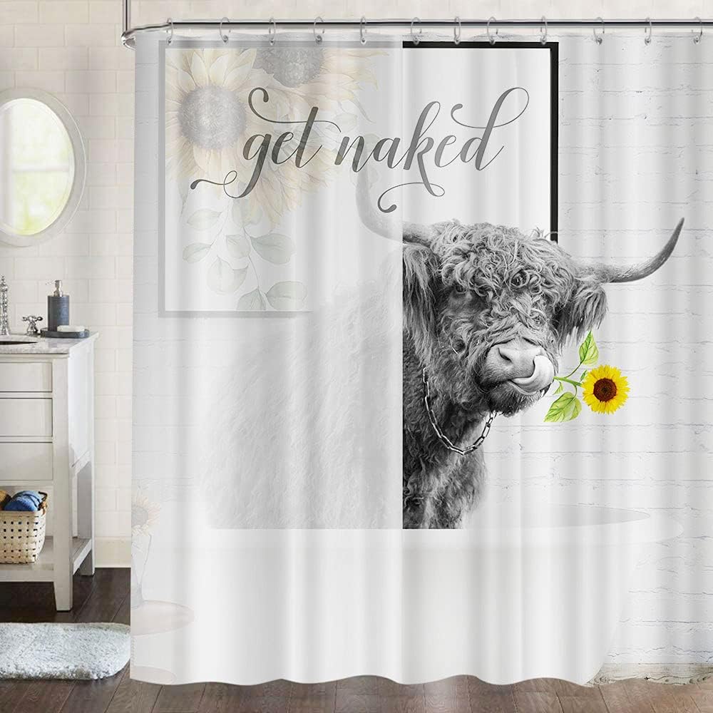 Funny Highland Cow Get Naked Fabric Shower Curtain With Rustic Sunflower Farmhouse Animal