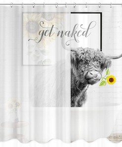 Funny Highland Cow Get Naked Fabric Shower Curtain With Rustic Sunflower Farmhouse Animal