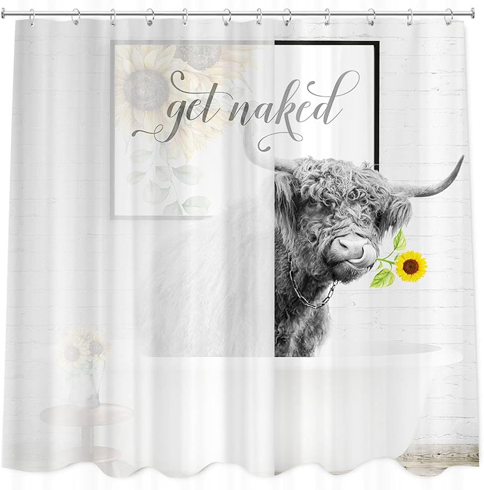 Funny Highland Cow Get Naked Fabric Shower Curtain With Rustic Sunflower Farmhouse Animal