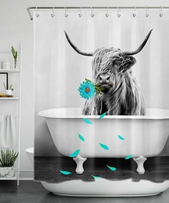 Funny Highland Cow Grey Flower Print Bathtub Shower Curtain For Bathroom Decor
