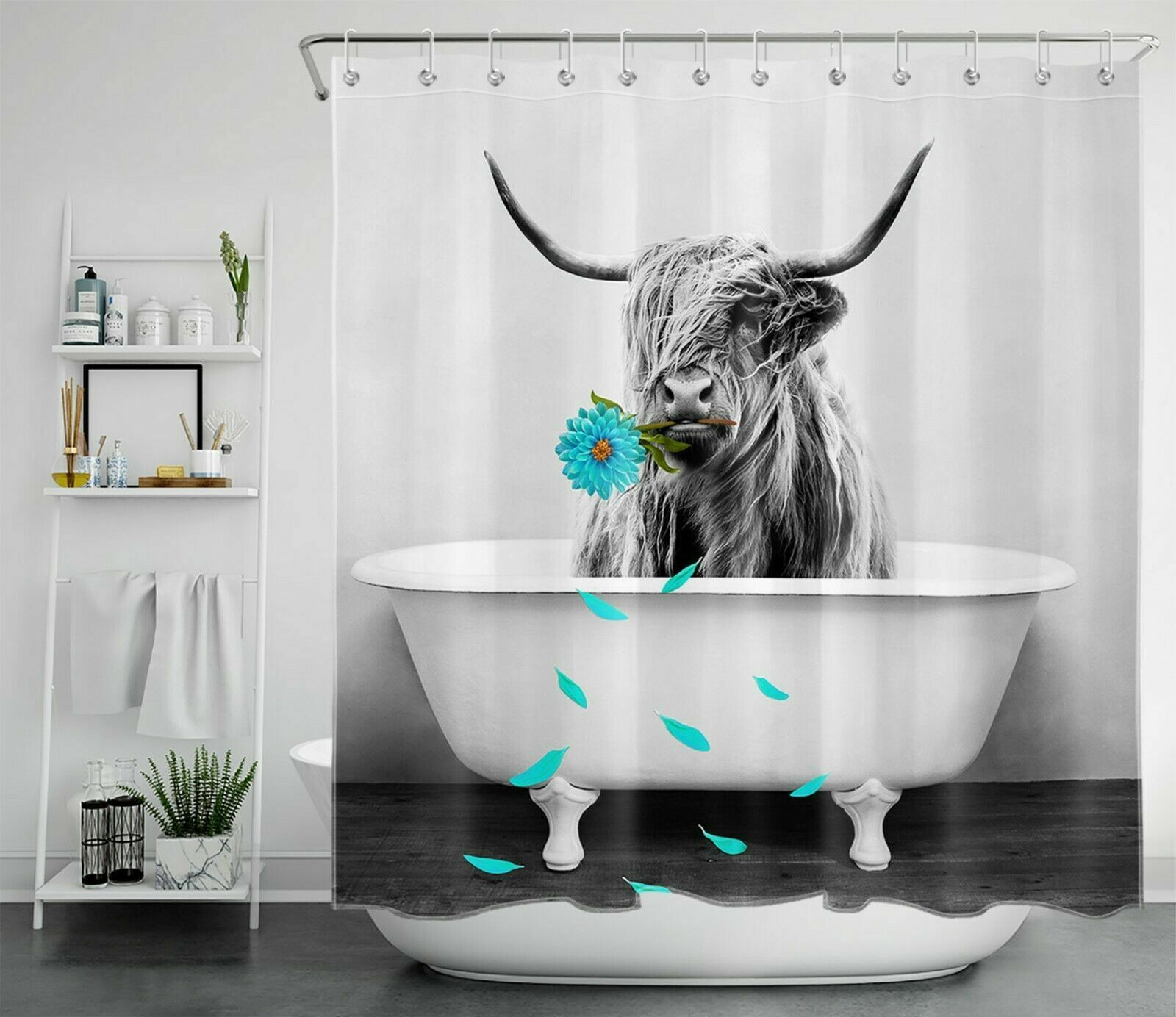 Funny Highland Cow Grey Flower Print Bathtub Shower Curtain For Bathroom Decor
