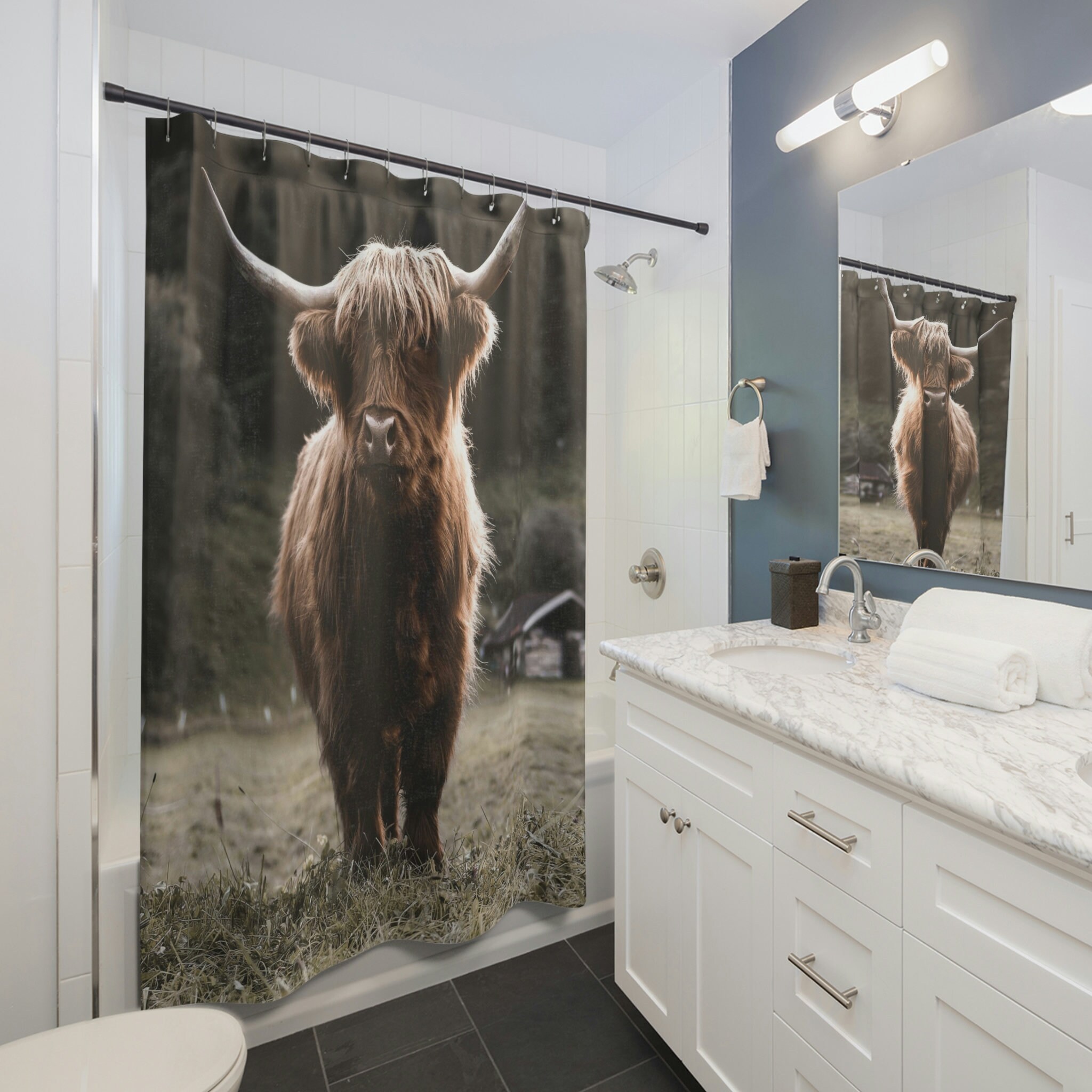 Funny Highland Cow Shower Curtain For Farmhouse Bathroom Decor