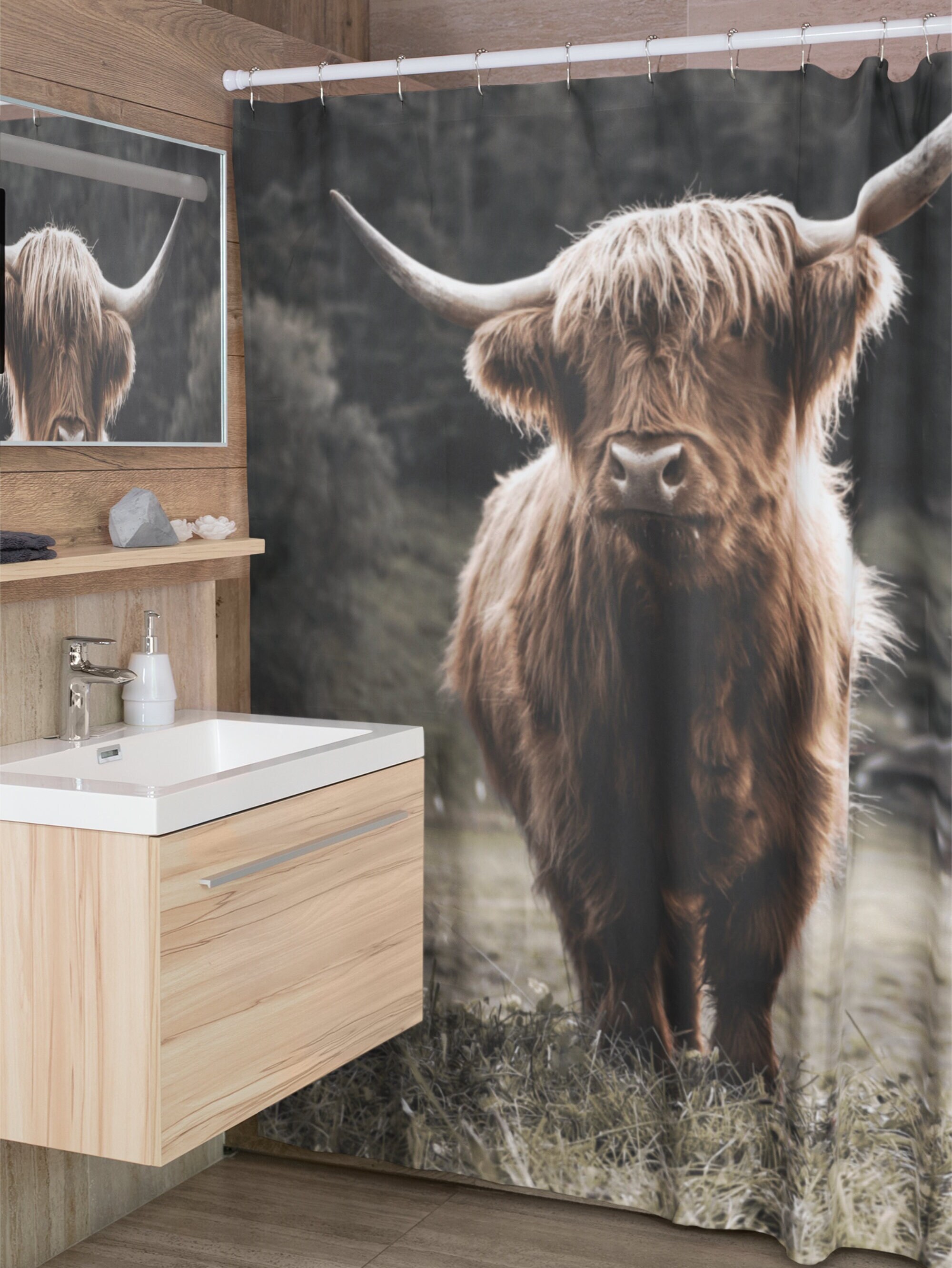 Funny Highland Cow Shower Curtain For Farmhouse Bathroom Decor