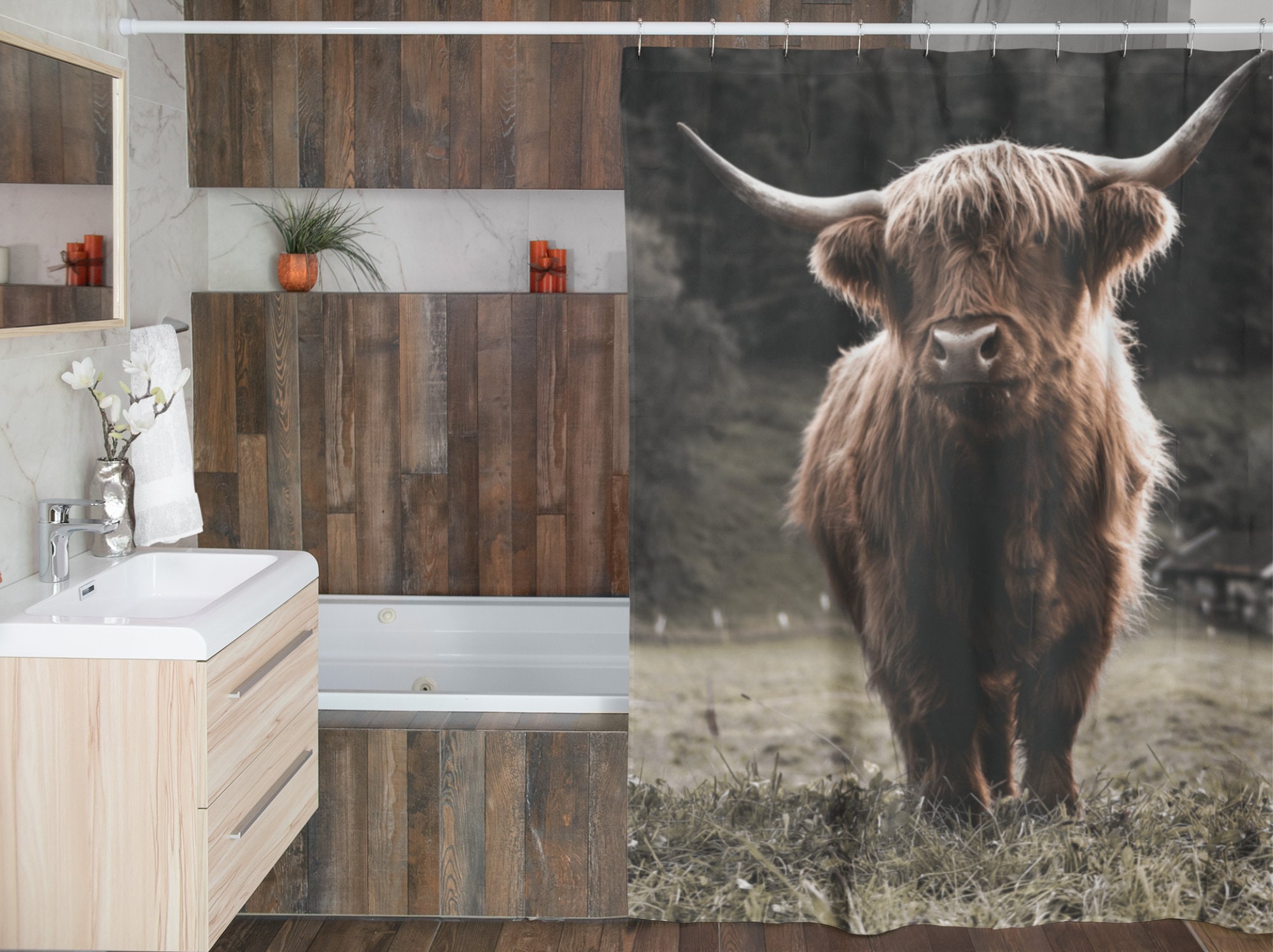 Funny Highland Cow Shower Curtain For Farmhouse Bathroom Decor