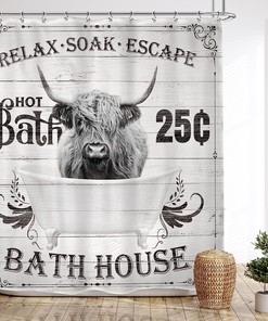 Funny Highland Cow Shower Curtain With Rustic Farm Wildlife Animal Barn Hilarious Wood Cute