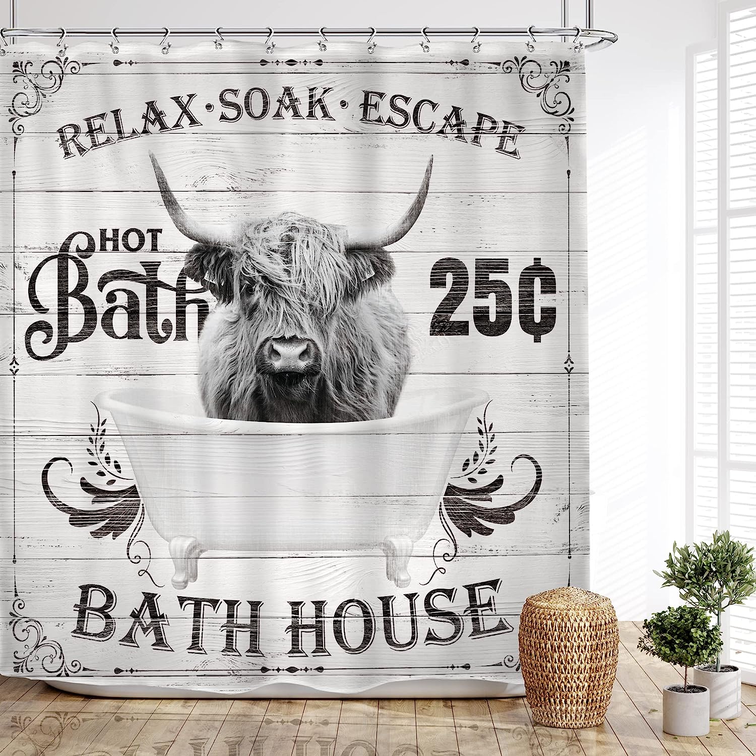Funny Highland Cow Shower Curtain With Rustic Farm Wildlife Animal Barn Hilarious Wood Cute