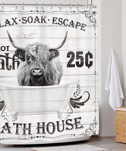 Funny Highland Cow Shower Curtain With Rustic Farm Wildlife Animal Barn Hilarious Wood Cute