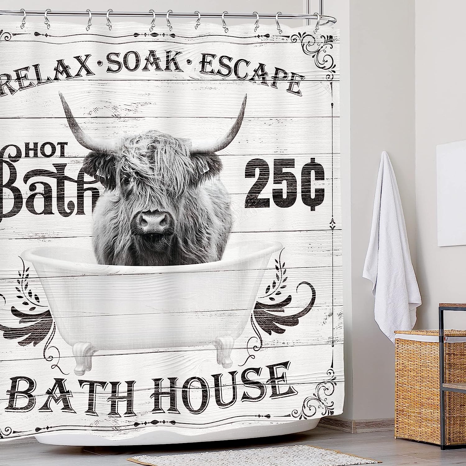Funny Highland Cow Shower Curtain With Rustic Farm Wildlife Animal Barn Hilarious Wood Cute